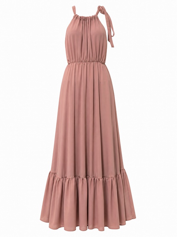 【新品DRESS 1968】アメスリサイドショルダーリボンフレアロングドレス ピンク【Berna】